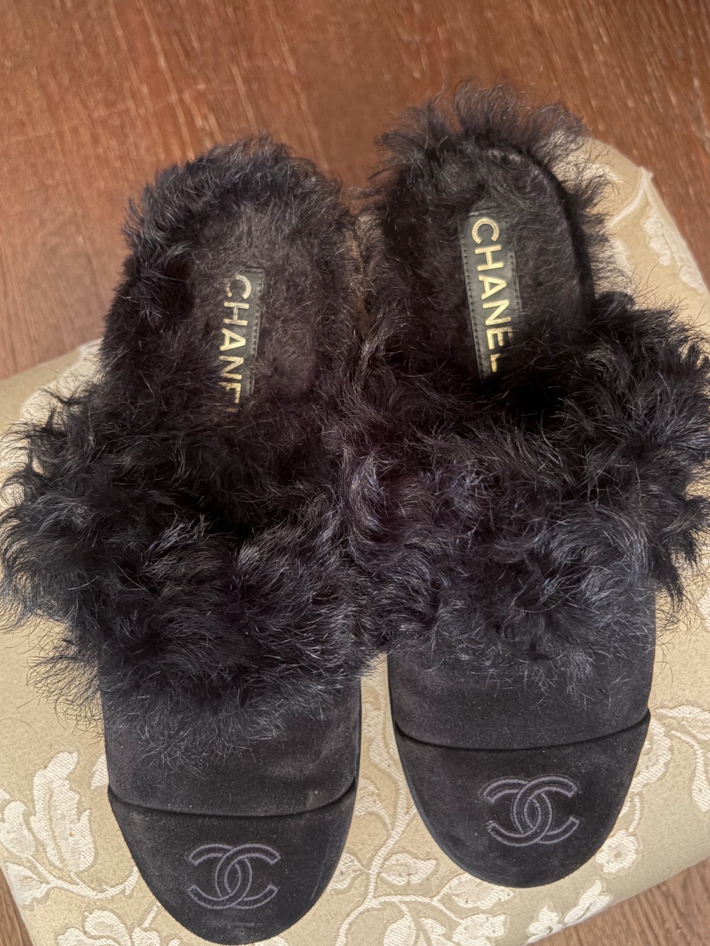 CHANEL Black Suede Fur-Trim Slide Mules
